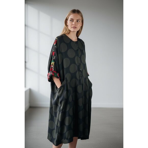 Alembika Dresses & Skirts - Alembika Black & Olive Polka Dot Mixed Print Oversized Midi Dress Size M